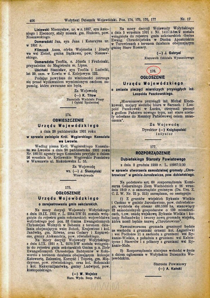 KKE 5949-3.jpg - Dok. Trzy karty z „Wołyńskiego Dziennika Urzędowego” potwierdzające działalność Leopolda Kleofasa Paszkowskiego, Łuck, 1929/1931 r.